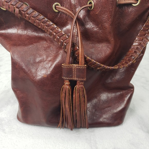 Sorpresa Leather Bucket Bag Drawstring Tassel Shoulder Bag Tote Brown Fringe - Picture 2 of 16